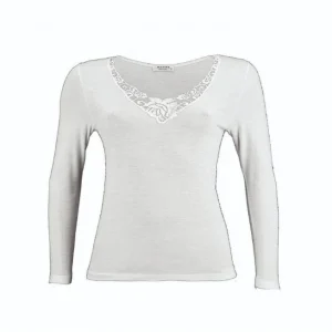 Madiva - canottiera manica lunga scollo V lana Agnese maglietta canotta intima con Inserti in pizzo maglia italiana