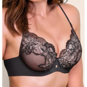 Lormar - Reggiseno da donna balconcino imbottito soft touch in pizzo Plunge Saten con ferretto coppa C e B chiusura sul retro con scollatura profonda