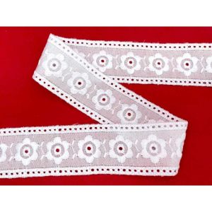 10 metri Tramezzo pizzo sangallo art. 4BF03 altezza 4cm Passamaneria San gallo Bianco Ricamo Smerlato balza unica