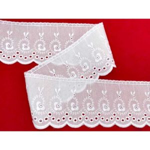 10 metri Pizzo sangallo art. 4BF06G altezza 7,5cm Passamaneria San gallo Bianco Ricamo Fiore Smerlato balza unica