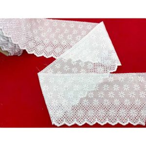 10 metri Pizzo sangallo art. 4BF41C altezza 12,5cm Passamaneria San gallo Bianco Ricamo Fiore Smerlato balza unica